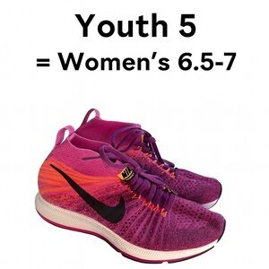 Nike Flyknit Racer Trainer Running Shoes Pink Purple Orange Youth 5 -Women 6.5–7